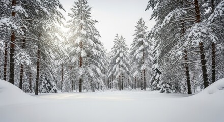 Snow-covered pine trees in a forest, with a bright sun shining through the branches.