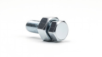 Close-up of a metal hexagonal bolt with a threaded shaft against a white background