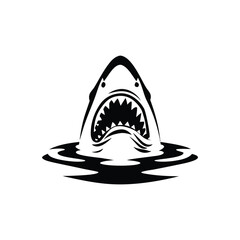 Black and white illustration of a shark emerging with ferocious jagged teeth vector hand drawn image