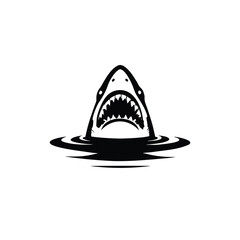 Black and white illustration of a shark emerging with ferocious jagged teeth vector hand drawn image