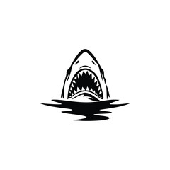 Black and white illustration of a shark emerging with ferocious jagged teeth vector hand drawn image