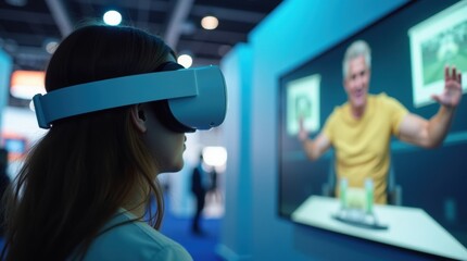 Woman wearing virtual reality headset experiencing immersive digital world
