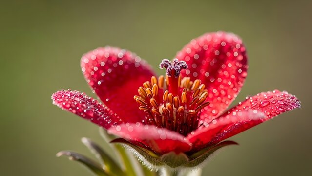 Macro view of a red flower with dew drops and bokeh background - Powered by Adobe