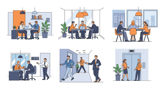 A collection of office scenes illustrating various business activities like meetings, interviews, coffee breaks, and elevator conversations.