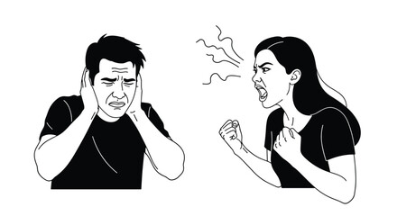 A black and white illustration of a woman angrily yelling at a man who is covering his ears, depicting a conflict or argument.