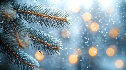Frosted spruce branches with snowfall and golden bokeh winter lights
