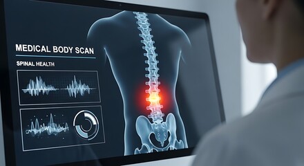 Doctor examines spinal scan on computer screen with highlighted pain area