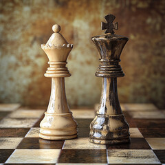 A chess board with a black king and a white queen on a checkered surface, with other pieces scattered around.