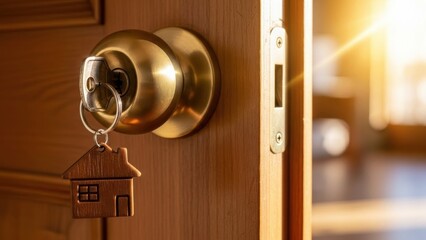Golden Doorknob with House Keychain and Key in Door, Sunlight