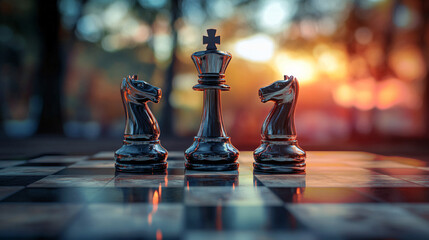 A chess board with a black king and a white queen on a checkered surface, with other pieces scattered around.