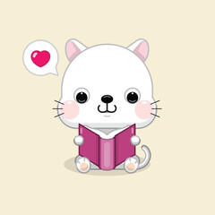 Adorable Cartoon Cat Reading a Book for Back to School Theme. Vector Illustration.