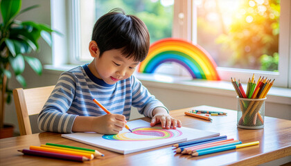 A young boy with a focused expression is drawing a colorful rainbow with crayons at a wooden table near a window with sunlight streaming in