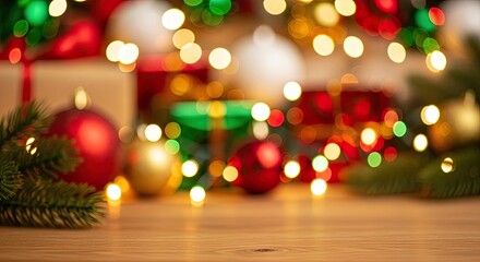 Background of Christmas bokeh light and copy space empty wooden tablet