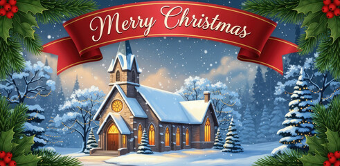 A snowy church with a red banner and holly leaves in the foreground.