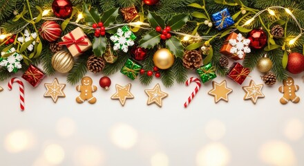 Christmas decorations with pine cones, ornaments, and lights on a white background.