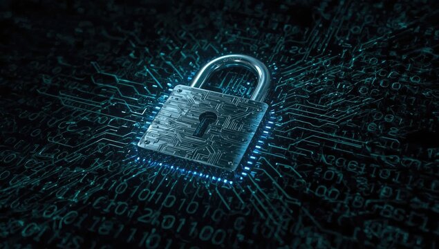 The intricate digital artwork showcases a gleaming silver padlock, symbolizing security, resting on a complex circuit board background,  - Powered by Adobe