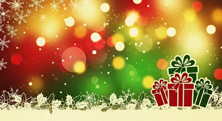 Christmas gift boxes with snowflakes and holly leaves on a colorful, bokeh background.
