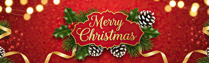 A festive red and gold Christmas banner with holly, pine cones, and ribbons.