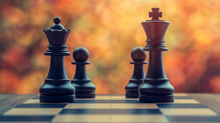 A chess board with a black king and a white queen on a checkered surface, with other pieces scattered around.