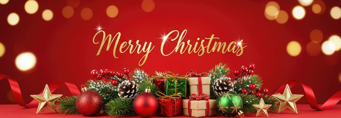 Christmas decorations with red and green baubles, pine cones, and holly on a red and gold background with bokeh lights.