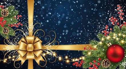 Christmas-themed background with a gold bow, pine branches, and red berries against a dark blue background with snowflakes and bokeh lights.