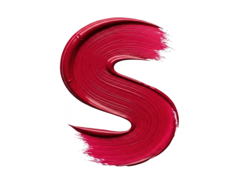 Vibrant red lipstick or cosmetic makeup swatch stroke forming the letter s shape isolated on transparent background
