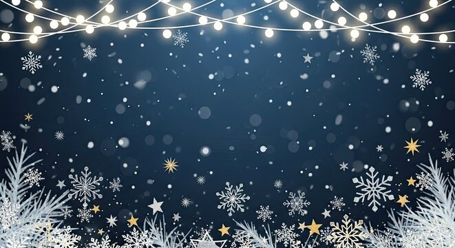 Christmas lights and snowflakes on a dark blue background with a festive holiday theme.