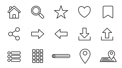 Professional 5x3 icon sheet navigation and UI elements black outline icons vector