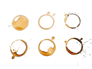 Collection of six different coffee cup stains and rings isolated on transparent background, perfect for design element