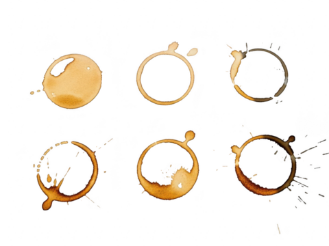 Collection of six different coffee cup stains and rings isolated on transparent background, perfect for design element