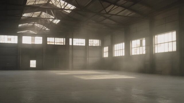 Empty warehouse interior with sunlight streaming through windows.