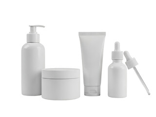 Collection of blank white cosmetic packaging containers including pump bottle, jar, tube, and dropper bottle isolated on transparent background