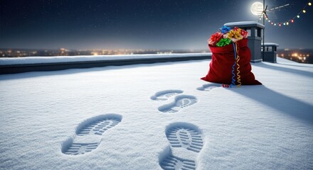 A red Santa Claus sack filled with presents on a snowy rooftop at night with footprints leading to it.