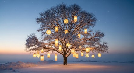 A snow-covered tree with hanging lanterns in a winter landscape.