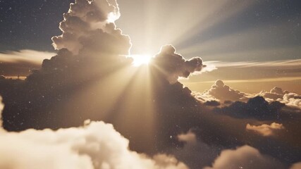 Sunlight shining through fluffy clouds with soft golden light creating bright, warm sky and peaceful atmosphere filled with nature�s weather and atmospheric beauty in golden sunlight - Powered by Adobe