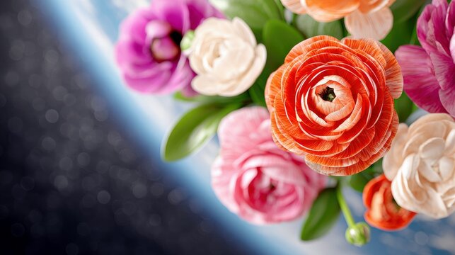 Close-up of vibrant ranunculus flowers with green leaves against a blurred, abstract background. The flowers display shades of pink, orange, and white.
