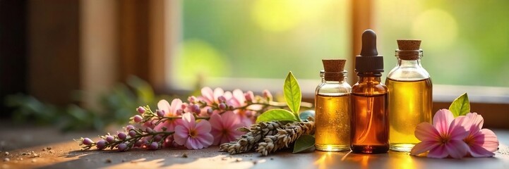 Sunlight Streams Through Window Illuminating Essential Oil Bottles, Dried Flowers, and Herbs; Calming and Relaxing Spa Scene Perfect for Wellness and Holistic Health Marketing