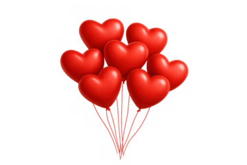 Red heart balloons bunch floating for valentine's day love and romance celebration on transparent background