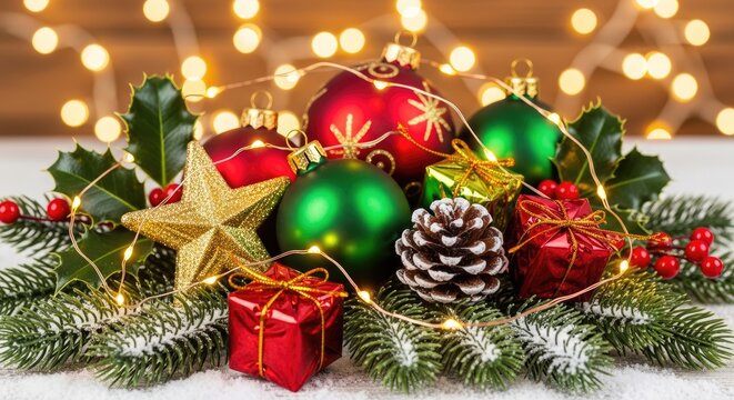 Christmas decorations with red and green baubles, holly leaves, and pine cones on a white surface with a blurred background of fairy lights.