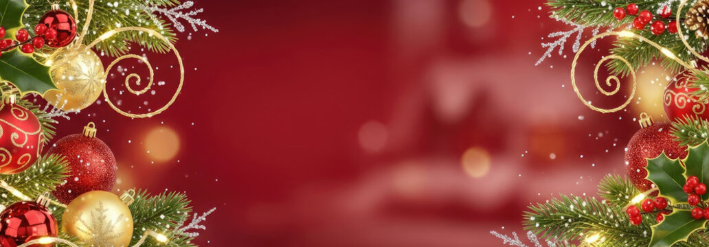 Christmas-themed decorations with red and gold baubles and holly leaves on a red background. - Powered by Adobe