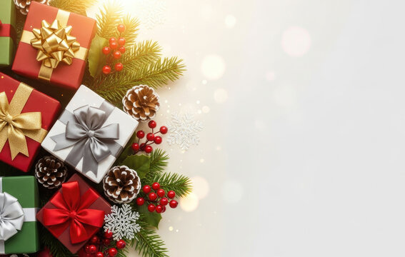 Christmas presents with ribbons and decorations on a white background.