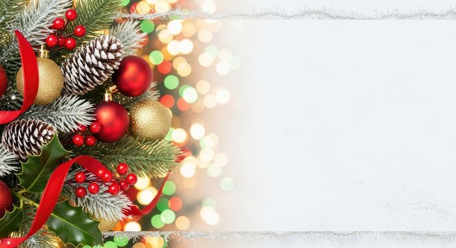 Christmas tree branches adorned with red and gold ornaments and holly leaves against a white background with bokeh lights. - Powered by Adobe