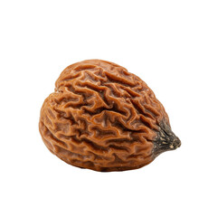 Detailed close-up of a dehydrated fruit with textured surface isolated on white background