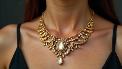 Elegant Gold Statement Necklace Close-Up Luxurious Jewelry Detail for Fashion Blogs, E-commerce, and Websites