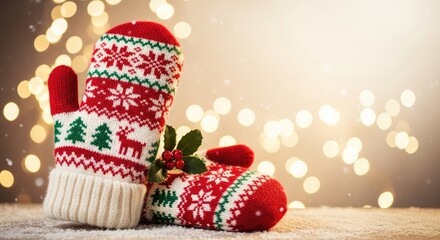 Two red and white Christmas mittens with reindeer and snowflakes on a soft, textured surface with a bokeh background.
