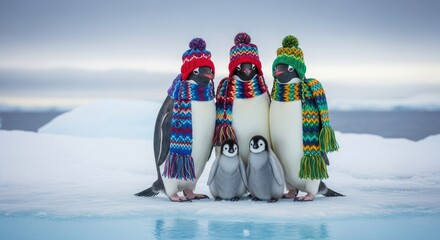 A group of penguins wearing colorful hats and scarves on a snowy landscape.