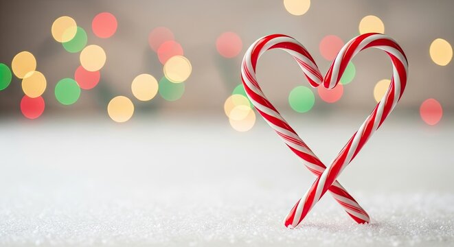 Two candy canes forming a heart shape on a snowy surface with festive lights in the background.