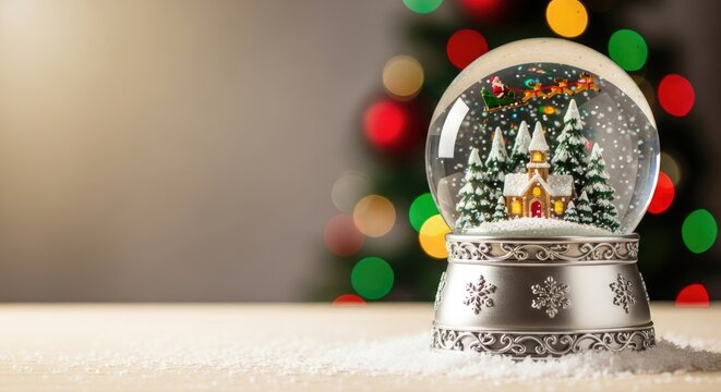 A snow globe with a Christmas theme, featuring a snow-covered house and trees, against a blurred background of a Christmas tree and lights.