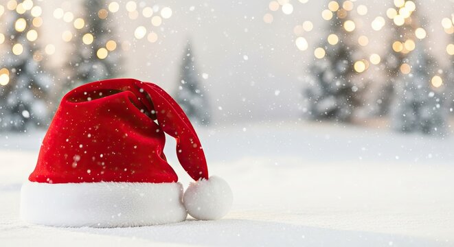 A red Santa hat on a snowy background with Christmas trees and snowflakes falling. - Powered by Adobe