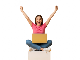 Excited young woman celebrating success while sitting crosslegged with a laptop computer isolated on transparent background